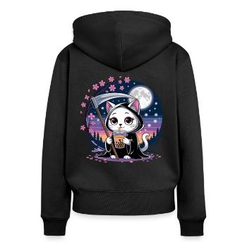 Sensenmann Anime Katze Kirschblüte - Frauen Premium Bio Zip Hoodie - Schwarz - Hinten - Julia (174cm)
