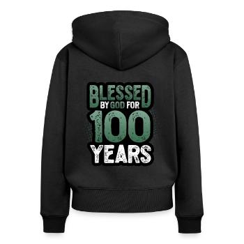 Religious by God for 100 years - Women's Premium Organic Zip Hoodie - black - Back - Julia (174cm)