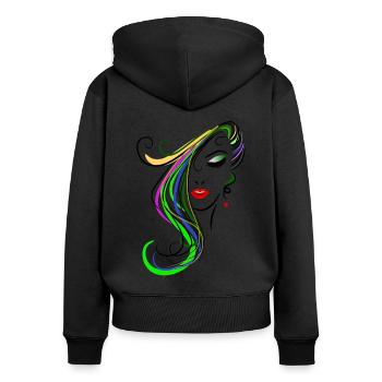 Femme aux cheveux colorés - Sweat à capuche zippé Premium bio Femme - noir - Dos - Julia (174cm)