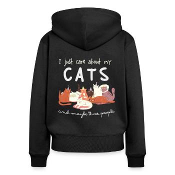 I just care about cats - Frauen Premium Bio Zip Hoodie - Schwarz - Hinten - Julia (174cm)