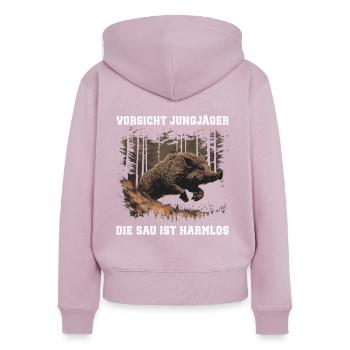 Méfiez-vous des jeunes chasseurs - Sweat à capuche zippé Premium bio Femme - rose poudré - Dos - Julia (174cm)