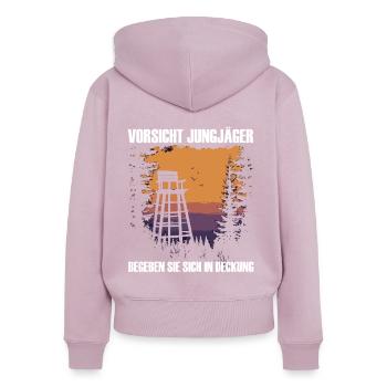 Méfiez-vous des jeunes chasseurs - Sweat à capuche zippé Premium bio Femme - rose poudré - Dos - Julia (174cm)
