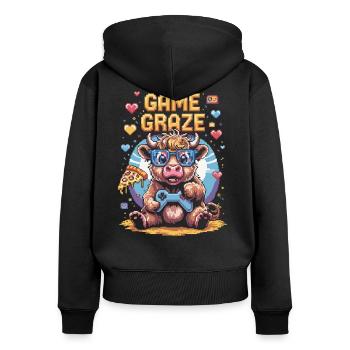 Pixel Gamer Kuh Shirt - Frauen Premium Bio Zip Hoodie - Schwarz - Hinten - Julia (174cm)