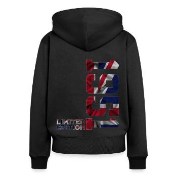ÉDITION LIMITÉE ANGLETERRE 75E ANNIVERSAIRE 1951 UK - Sweat à capuche zippé Premium bio Femme - noir - Dos - Julia (174cm)