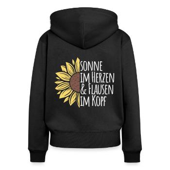 Sonne im Herzen & Flausen im Kopf | Sonnenblume - Frauen Premium Bio Zip Hoodie - Schwarz - Hinten - Julia (174cm)