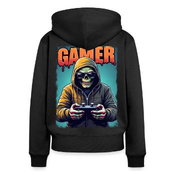 Zombie Gamer mit Kapuze & Controller - Frauen Premium Bio Zip Hoodie - Schwarz - Hinten - Julia (174cm)