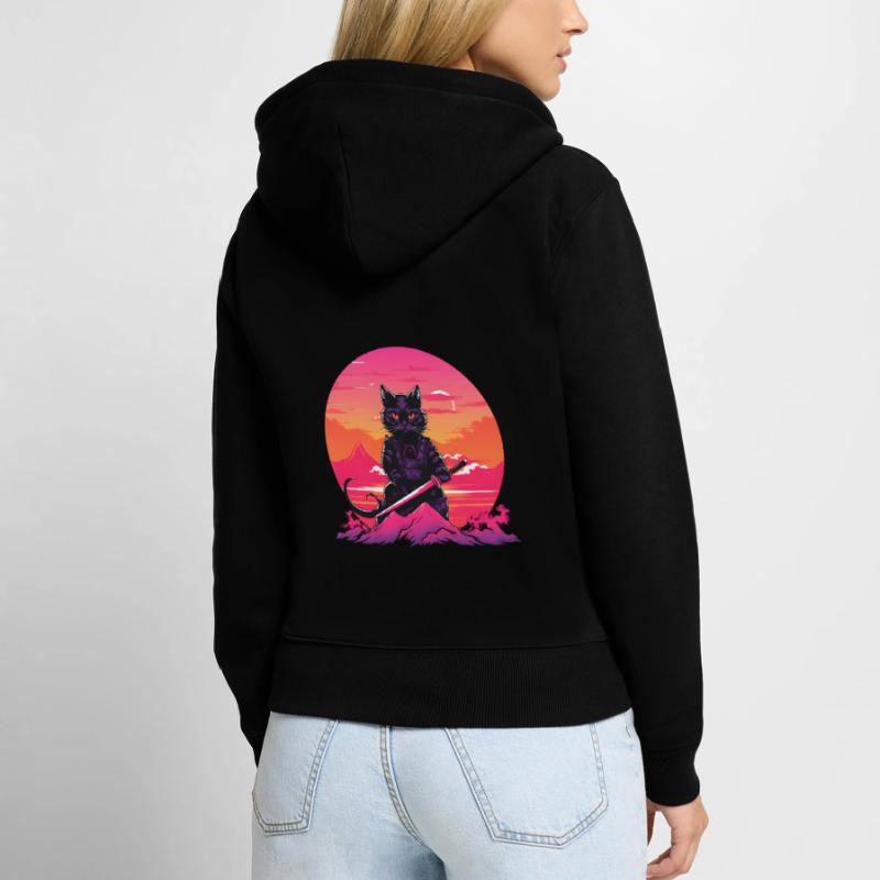 Synthwave samurai Cat with katana Women's Premium Organic Zip Hoodie