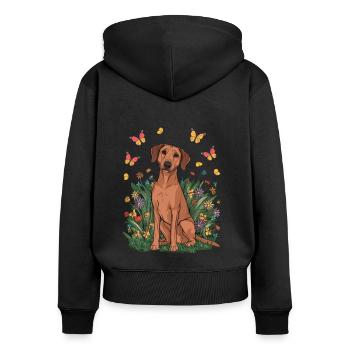 Cartoon Löwenhund mit Blumen und Schmetterlingen - Frauen Premium Bio Zip Hoodie - Schwarz - Hinten - Julia (174cm)