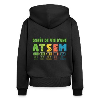 Durée de vie d'une ATSEM Humour Atsem Maternelle - Sweat à capuche zippé Premium bio Femme - noir - Dos - Julia (174cm)
