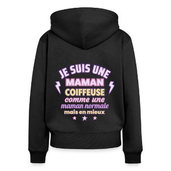 Maman coiffeuse, cadeau fête des mères,Noël - Sweat à capuche zippé Premium bio Femme - noir - Dos - Julia (174cm)