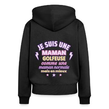 Maman golfeuse, cadeau fête des mères, golf,Golf - Sweat à capuche zippé Premium bio Femme - noir - Dos - Julia (174cm)