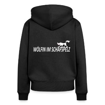 WÖLFIN IM SCHAFSPELZ, lustige Sprüche, Statement - Frauen Premium Bio Zip Hoodie - Schwarz - Hinten - Julia (174cm)