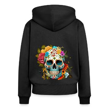 Totenkopf Blumen Bunt - Frauen Premium Bio Zip Hoodie - Schwarz - Hinten - Julia (174cm)