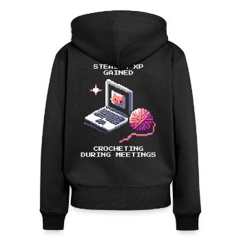 Meeting: Crochet camouflaged | Stitches Yarn Handmade - Women's Premium Organic Zip Hoodie - black - Back - Julia (174cm)