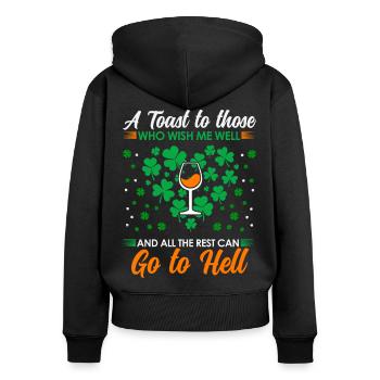 Trinkspruch Prost an alle, die mir Gutes wünschen! - Frauen Premium Bio Zip Hoodie - Schwarz - Hinten - Julia (174cm)
