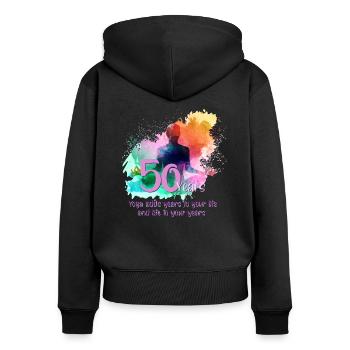 50th birthday of a woman who loves yoga - Women's Premium Organic Zip Hoodie - black - Back - Julia (174cm)