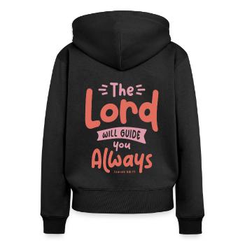 Vom Herrn geleitet - Christliches Zitat - Frauen Premium Bio Zip Hoodie - Schwarz - Hinten - Julia (174cm)