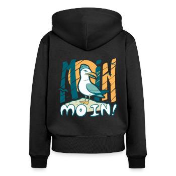 Moin Möwe in Mütze Ostsee und Nordsee Sprüche - Frauen Premium Bio Zip Hoodie - Schwarz - Hinten - Julia (174cm)