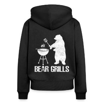 Bear Grills - Bär beim grillen oder BBQ Barbecue - Frauen Premium Bio Zip Hoodie - Schwarz - Hinten - Julia (174cm)