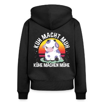 Kuh macht Muh Kühe machen Mühe Landwirt witziges - Frauen Premium Bio Zip Hoodie - Schwarz - Hinten - Julia (174cm)