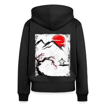 Haruno Japanese Cherry Blossom Illustration Japon - Sweat à capuche zippé Premium bio Femme - noir - Dos - Julia (174cm)