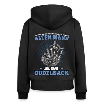 Alter Mann am Dudelsack schottische Sackpfeife - Frauen Premium Bio Zip Hoodie - Schwarz - Hinten - Julia (174cm)