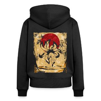 Renard à neuf queues Art rétro japonais - Sweat à capuche zippé Premium bio Femme - noir - Dos - Julia (174cm)