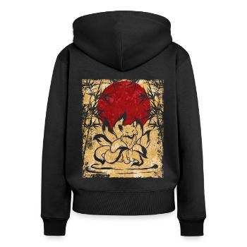 Renard à neuf queues Art rétro japonais - Sweat à capuche zippé Premium bio Femme - noir - Dos - Julia (174cm)