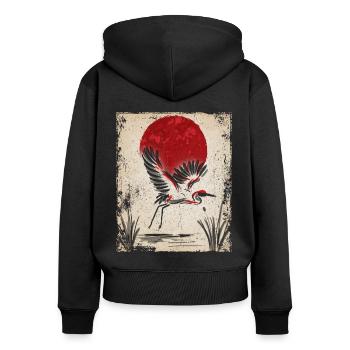 Crane Art Art Japonais Vintage Rétro - Sweat à capuche zippé Premium bio Femme - noir - Dos - Julia (174cm)