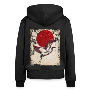 Crane Art Art Japonais Vintage Rétro - Sweat à capuche zippé Premium bio Femme - noir - Dos - Julia (174cm)