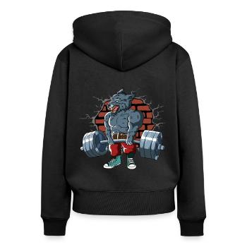 Fitnesstraining Pumpen Wolf beim Kreuzheben - Frauen Premium Bio Zip Hoodie - Schwarz - Hinten - Julia (174cm)