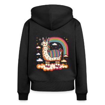 Flippiges Alpaka mit bunten Regenbogen-Streifen - Frauen Premium Bio Zip Hoodie - Schwarz - Hinten - Julia (174cm)