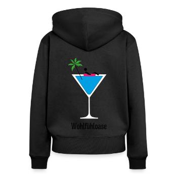 Pool Party | Wohlfühloase - Frauen Premium Bio Zip Hoodie - Schwarz - Hinten - Julia (174cm)