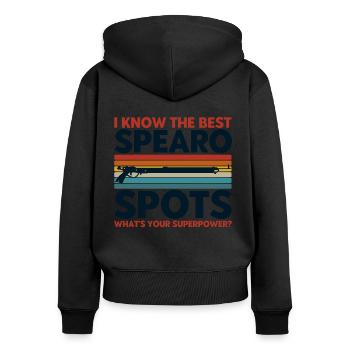 Speerfischer Die besten Speerfischer Spots - Frauen Premium Bio Zip Hoodie - Schwarz - Hinten - Julia (174cm)