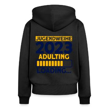 Jugendweihe 2023 Adulting Loading… Geschenk - Frauen Premium Bio Zip Hoodie - Schwarz - Hinten - Julia (174cm)