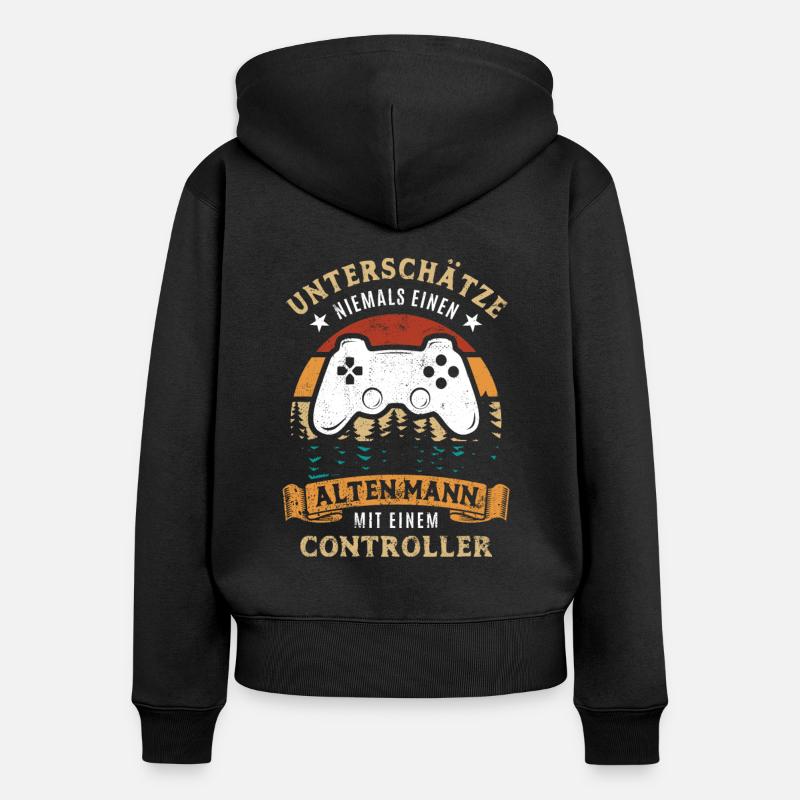Unterschätze nie einen alten Mann mit Controller - Frauen Premium Bio Zip Hoodie - Schwarz