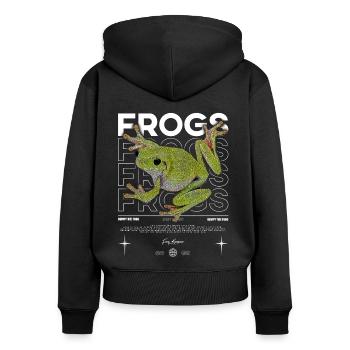 White's Laubfrosch Streetwear Froschhüter - Frauen Premium Bio Zip Hoodie - Schwarz - Hinten - Julia (174cm)