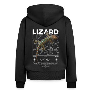 Tokajer Gecko Streetwear Eidechse Hüter - Frauen Premium Bio Zip Hoodie - Schwarz - Hinten - Julia (174cm)
