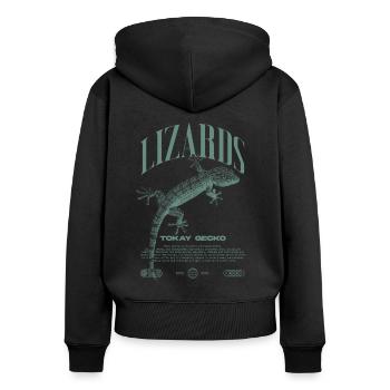 Tokajer Gecko Streetwear Eidechse Hüter - Frauen Premium Bio Zip Hoodie - Schwarz - Hinten - Julia (174cm)