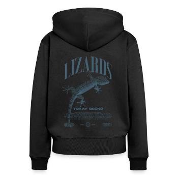 Tokajer Gecko Streetwear Eidechse Hüter - Frauen Premium Bio Zip Hoodie - Schwarz - Hinten - Julia (174cm)