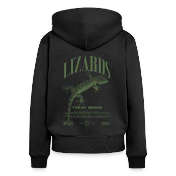 Tokajer Gecko Streetwear Eidechse Hüter - Frauen Premium Bio Zip Hoodie - Schwarz - Hinten - Julia (174cm)