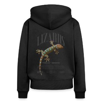 Tokajer Gecko Streetwear Eidechse Hüter - Frauen Premium Bio Zip Hoodie - Schwarz - Hinten - Julia (174cm)