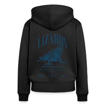 Jackson's Chamäleon Streetwear Eidechsenwärter - Frauen Premium Bio Zip Hoodie - Schwarz - Hinten - Julia (174cm)