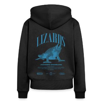 Jackson's Chamäleon Streetwear Eidechsenwärter - Frauen Premium Bio Zip Hoodie - Schwarz - Hinten - Julia (174cm)