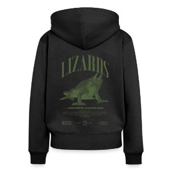 Jackson's Chamäleon Streetwear Eidechsenwärter - Frauen Premium Bio Zip Hoodie - Schwarz - Hinten - Julia (174cm)