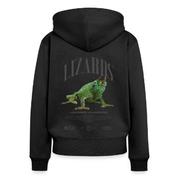 Jackson's Chamäleon Streetwear Eidechsenwärter - Frauen Premium Bio Zip Hoodie - Schwarz - Hinten - Julia (174cm)