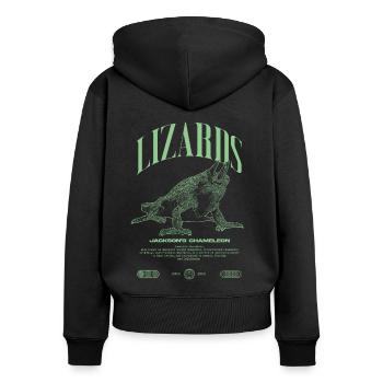 Jackson's Chamäleon Streetwear Eidechsenwärter - Frauen Premium Bio Zip Hoodie - Schwarz - Hinten - Julia (174cm)