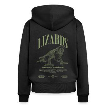 Jackson's Chamäleon Streetwear Eidechsenwärter - Frauen Premium Bio Zip Hoodie - Schwarz - Hinten - Julia (174cm)