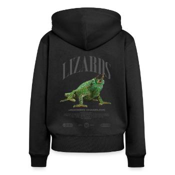 Jackson's Chamäleon Streetwear Eidechsenwärter - Frauen Premium Bio Zip Hoodie - Schwarz - Hinten - Julia (174cm)