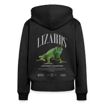 Jackson's Chamäleon Streetwear Eidechsenwärter - Frauen Premium Bio Zip Hoodie - Schwarz - Hinten - Julia (174cm)